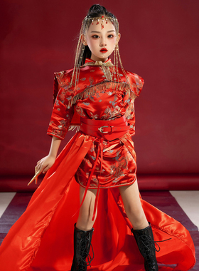 女童旗袍中国风潮服国潮走秀礼服红色中式模特演出服中大童民国风
