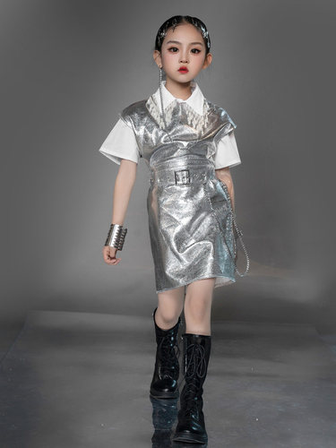 女童银色潮服甜酷摇滚走秀连衣裙