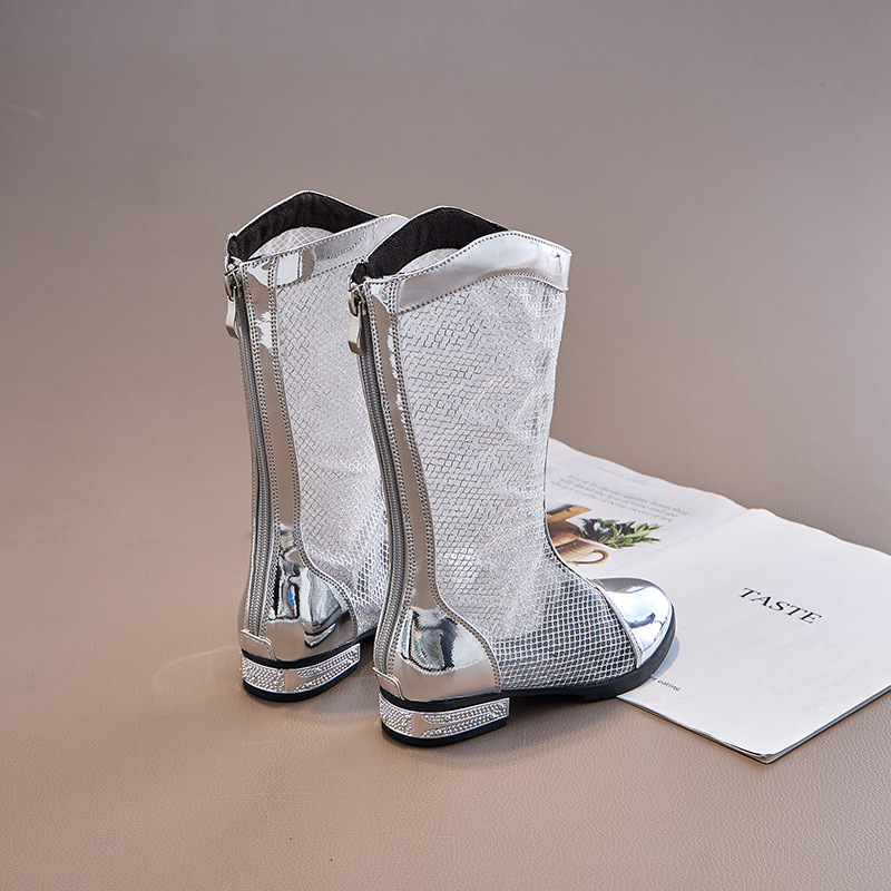 銀色黑色亮漆皮平跟高筒靴表演鞋