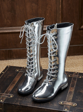 女童鞋银色走秀马丁长靴2024新款女孩长筒高筒靴子模特潮鞋
