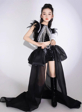 女童黑色亮片t台走秀服大玩家潮服拖尾pk赛服疾风运动8酷帅9套装