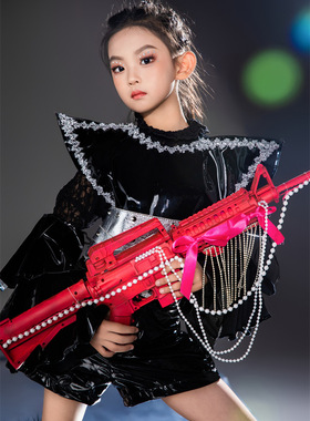 女童机车款黑皮套装潮服表演服儿童机甲装元宇宙未来主题T台车模