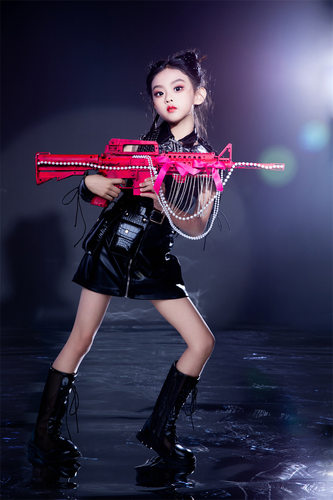 女童黑色皮裙坎肩机车服走秀套装