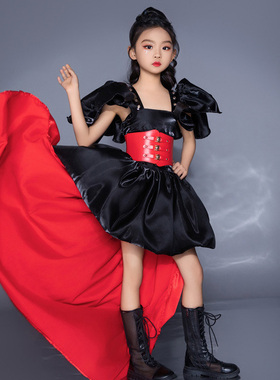 女童黑色荷叶边蓬蓬裙走秀潮服礼服女王风中大童7黑红9T台8公主10