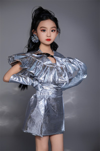 女童玫红/银皮革套装走秀连衣裙