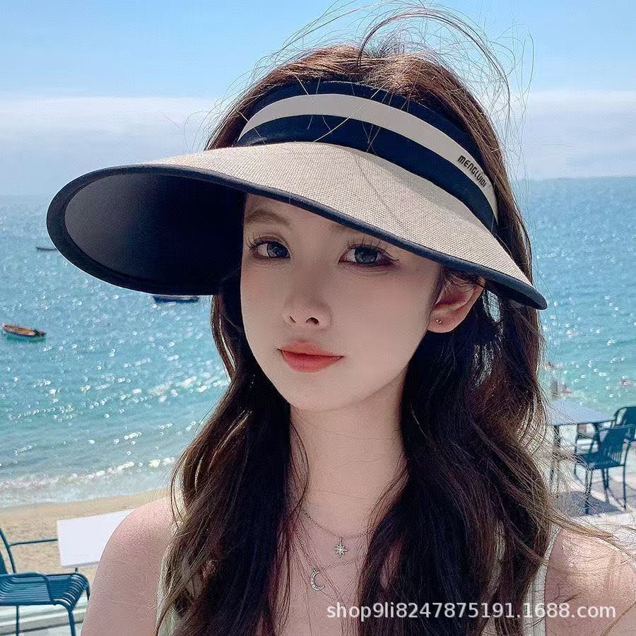 防晒帽工厂现货加宽大帽檐草编空顶帽子女夏天户外遮脸折叠防晒帽