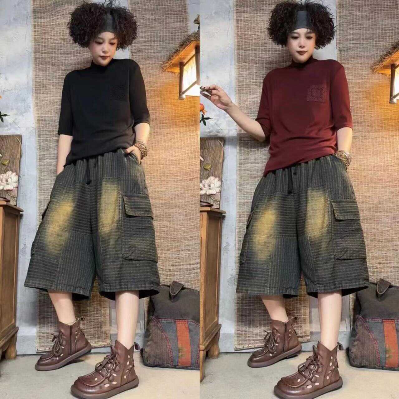 希霖服饰2024复古炒色做旧牛仔裤子老布六分裤松紧腰阔腿裤垮裤女