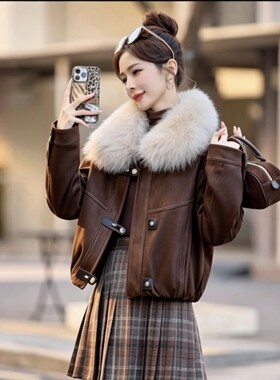 2026新款狐狸毛皮草外套女短款皮毛一体机车鹅绒羽绒服