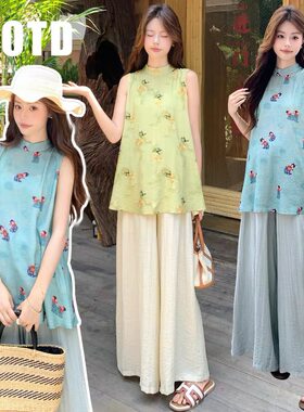 新中式国风小唐人无袖套装女2026新款夏季国风印花两件套