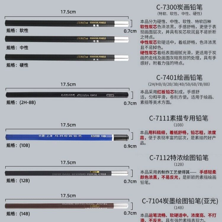 马利铅笔绘画美术素描笔7300硬中软炭笔画画用2B亚光易削碳笔7401