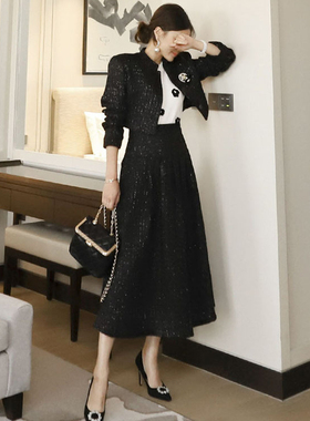 小香风立领单排扣短外套高腰百褶半身裙黑色毛呢显瘦秋冬两件套装
