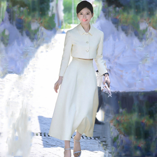 轻奢风白色两件套女冬季名媛优雅短款外套高腰半身裙韩版时尚套装