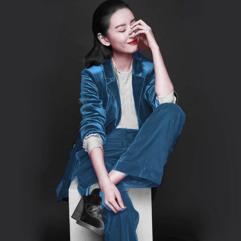 港风纯色气质金丝绒显瘦西服外套百搭通勤喇叭长裤西装两件套潮女