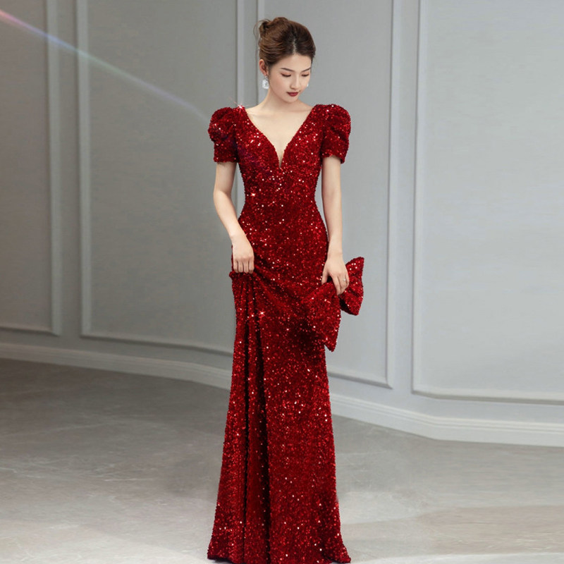 高级感亮片礼服连衣裙红色敬酒服主持结婚订婚新娘气质鱼尾长裙女