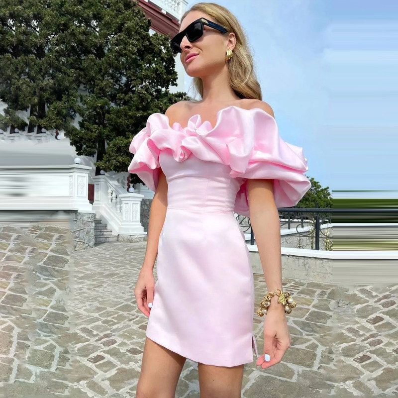 一字肩荷叶边名媛气质连衣裙晚宴聚会小礼服收腰显瘦包臀短裙子女