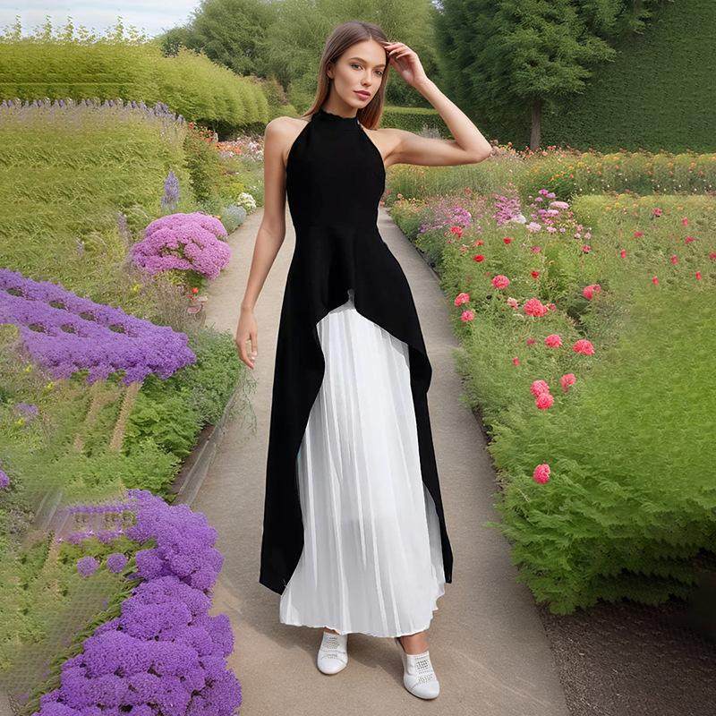 名媛气质黑白撞色百褶裙两件套装法式挂脖晚宴聚年会长款礼服裙女