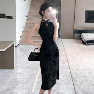 新中式国风改良复古印花旗袍中长裙修身显瘦性感包臀开叉连衣裙女