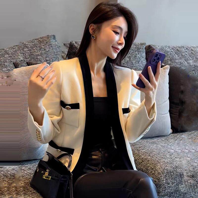 小香风黑白拼色短款上衣外套女潮