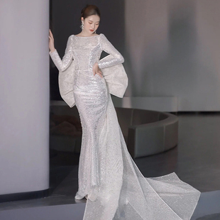 名媛气质主持人演出长裙亮片晚宴聚会礼服露背大蝴蝶结拼接连衣裙