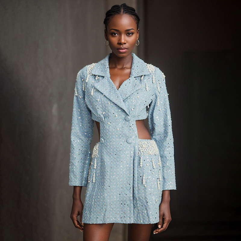 欧美风时尚气质名媛西装领镶钻主持人年会晚礼服修身显瘦连衣裙女