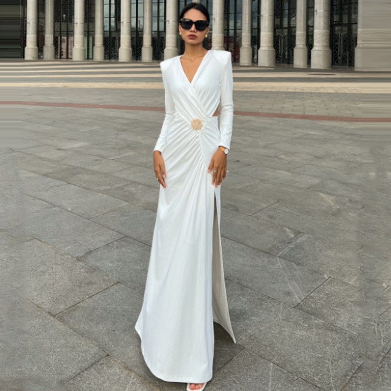 欧美白色长袖镂空v领连衣裙主持人晚宴聚会礼服修身包臀开叉长裙