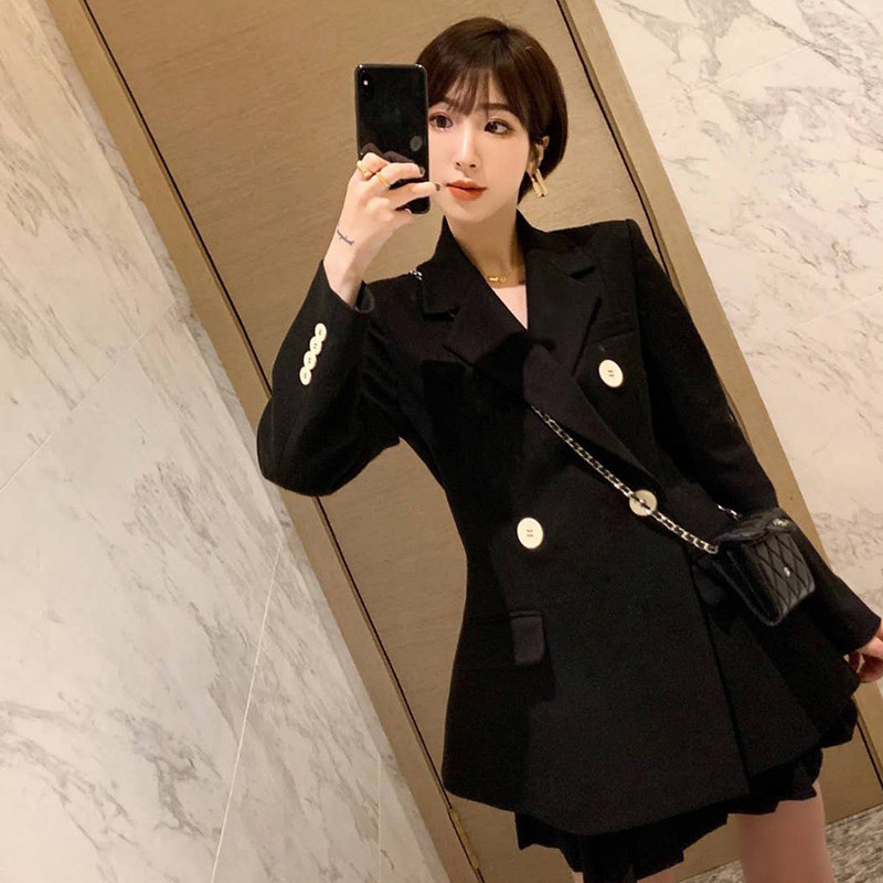 轻熟简约风黑色双排扣西装外套女气质小众设计感百褶短裙两件套装