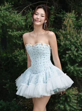 甜美抹胸无袖芭蕾公主风短裙礼服