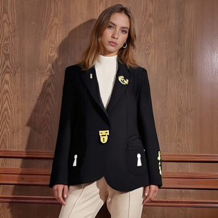 法式通勤风黑色长袖小西装女冬季新款气质百搭锁扣装饰西服短外套