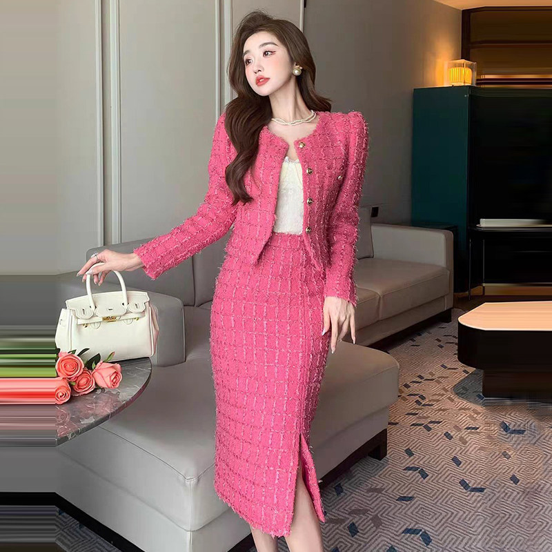 小香风套装女秋冬新款设计感粗花呢外套上衣+半身长裙显瘦两件套