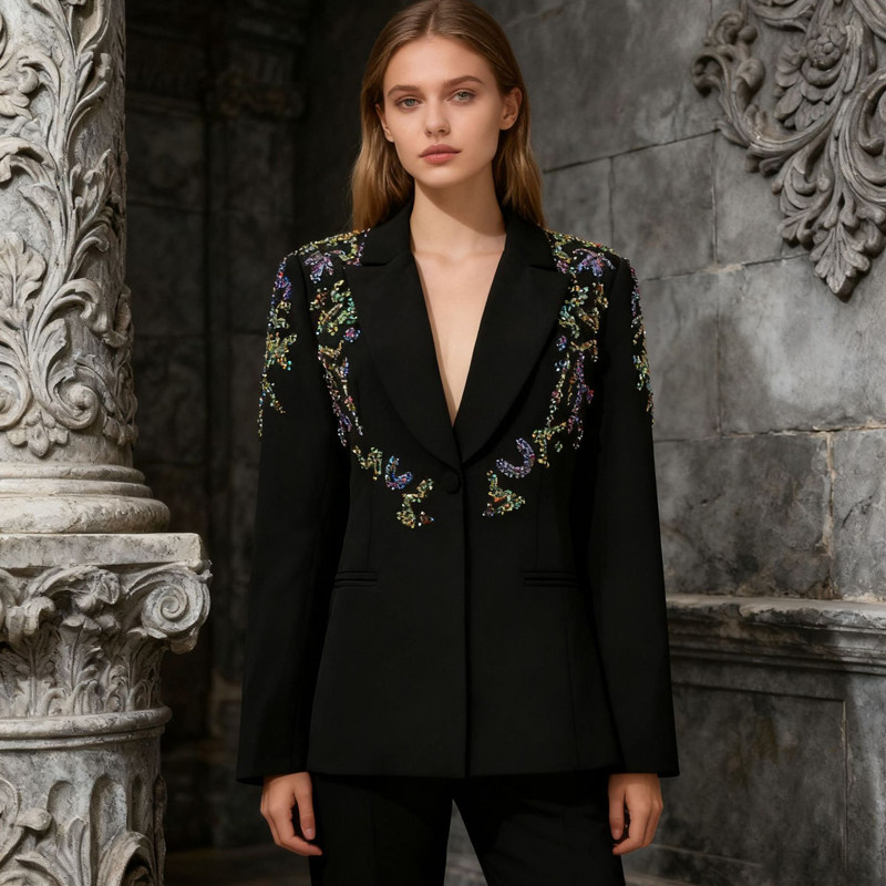 欧美黑色刺绣镶钻亮片西装女长袖修身收腰显瘦高级感气质西服外套