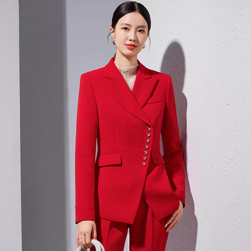 高级感穿搭大红色职业西装套装女神范主持人通勤时尚喇叭裤两件套