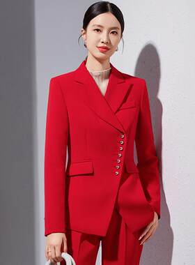 大红色职业气质女裤西服两件套装