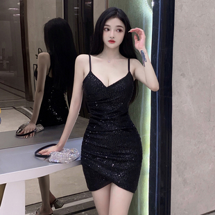 夜店性感V领低胸露背吊带裙亮片小礼服不规则紧身包臀显瘦连衣裙
