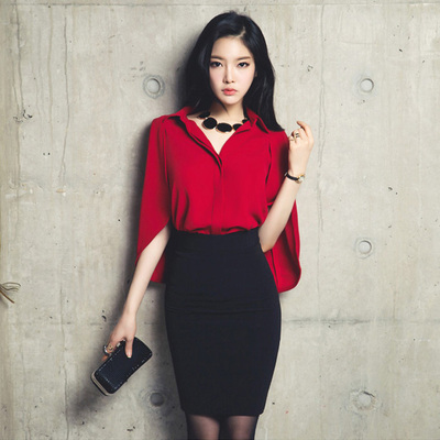 红色衬衫高腰包臀半身裙两件套装