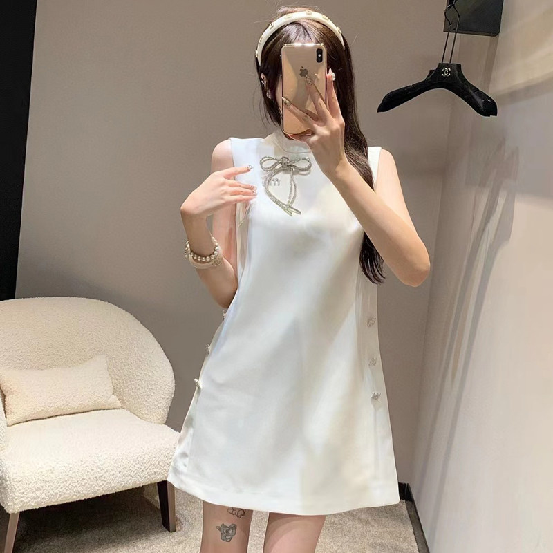 优雅气质减龄白色蝴蝶结连衣裙女
