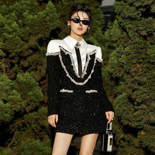 名媛公主钉珠镶钻高级感小香风重工亮片短款黑白拼色显瘦连衣裙女