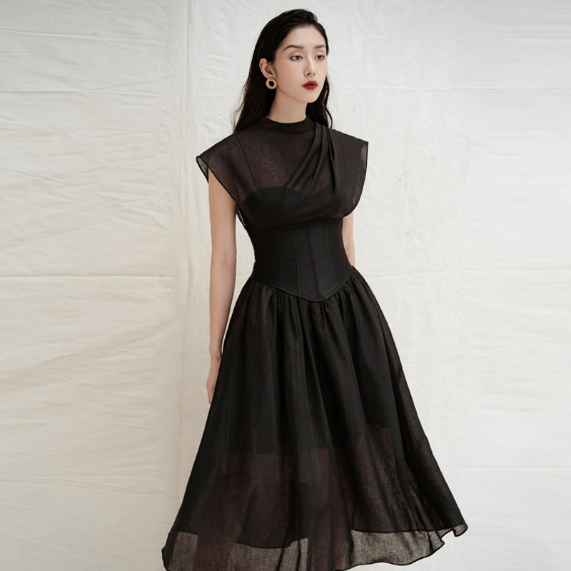 黑色高腰显瘦收腰晚礼服连衣裙女