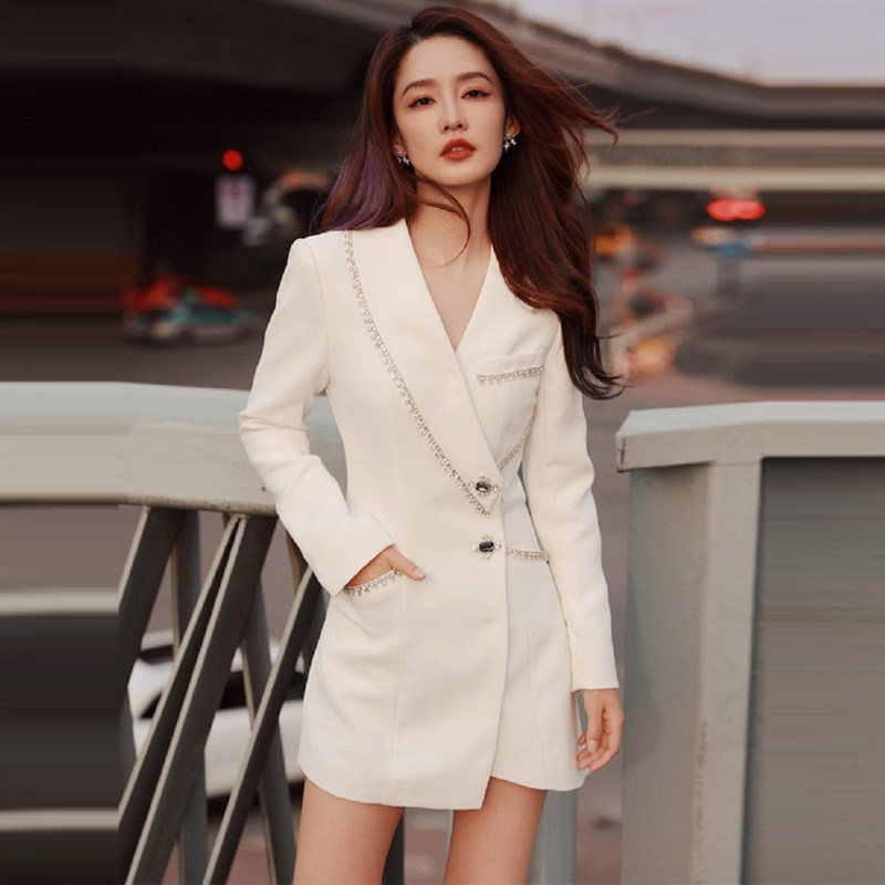 名媛气质女神钉珠镶钻白色西服裙