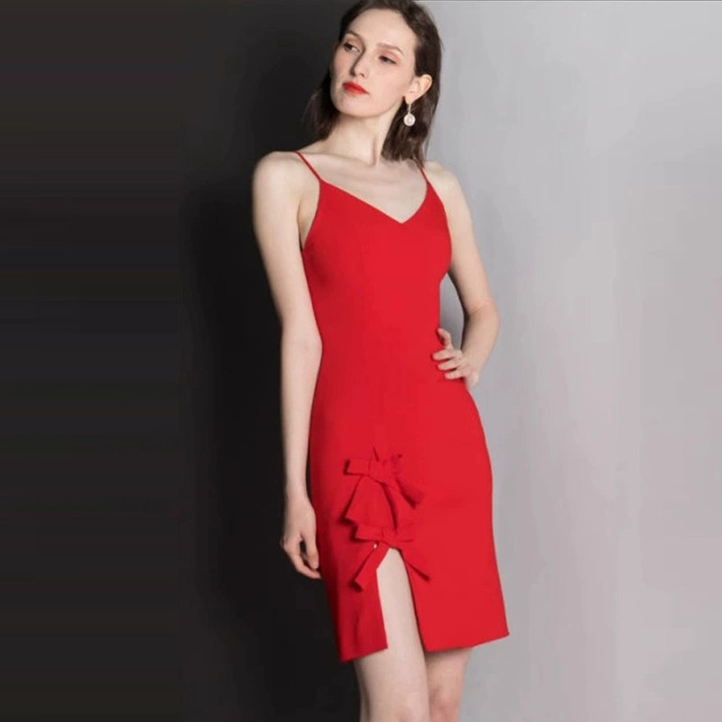 夜店性感吊带蝴蝶结红色聚会礼服