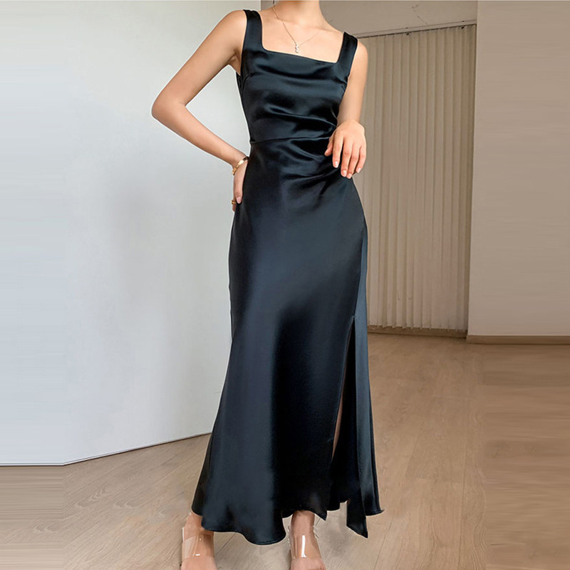 黑色吊带连衣裙女高级感气质修身显瘦生日宴会主持人晚礼服长裙子