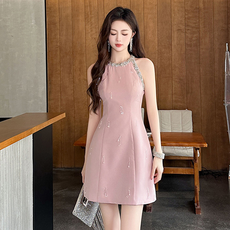 法式小香风挂脖连衣裙镶钻钉珠高级感气质名媛无袖聚会小礼服裙子