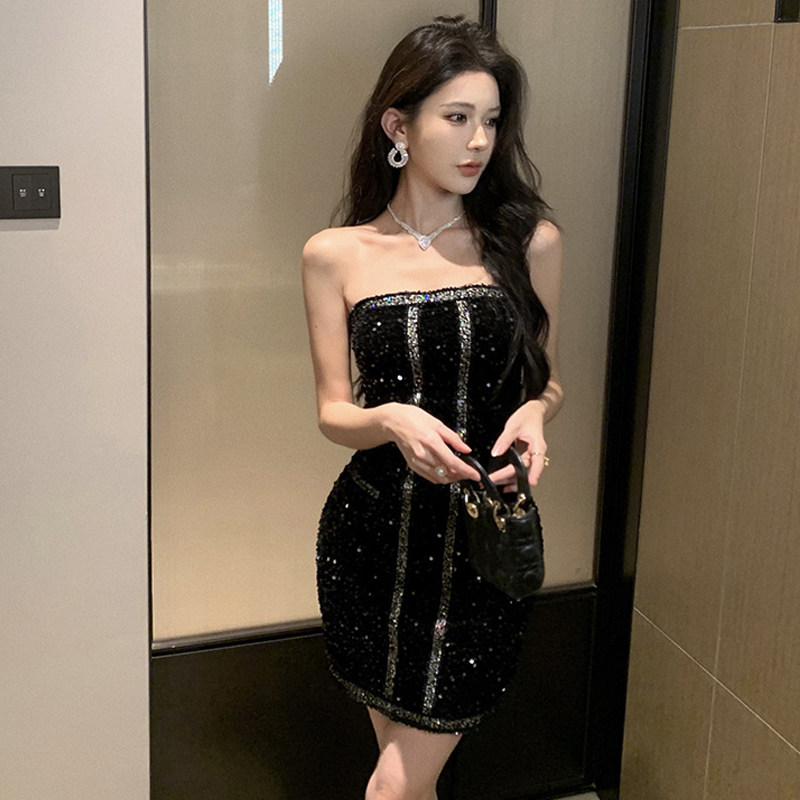 夜店风性感辣妹亮片抹胸连衣裙女
