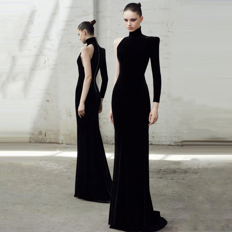挂脖高领单肩长裙晚宴聚会礼服女