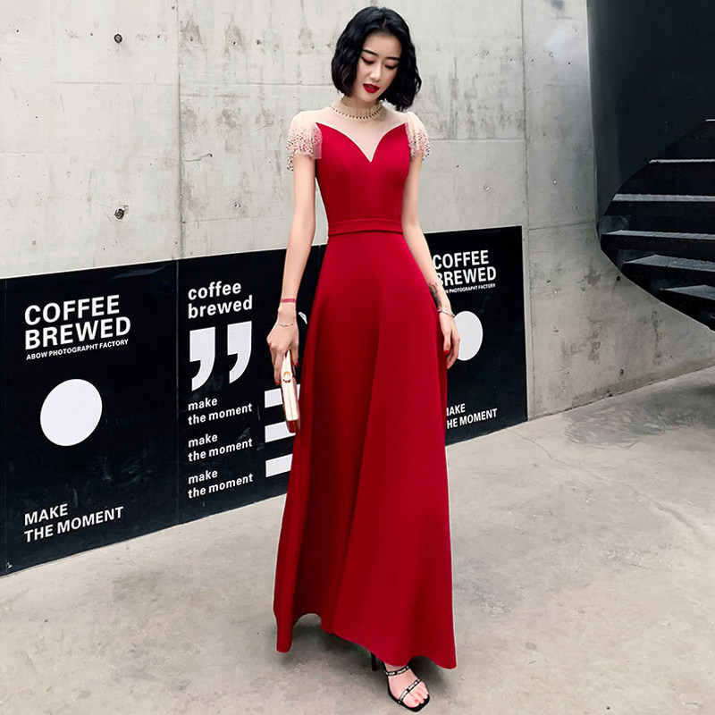 欧美时尚酒红色晚宴聚会礼服长裙