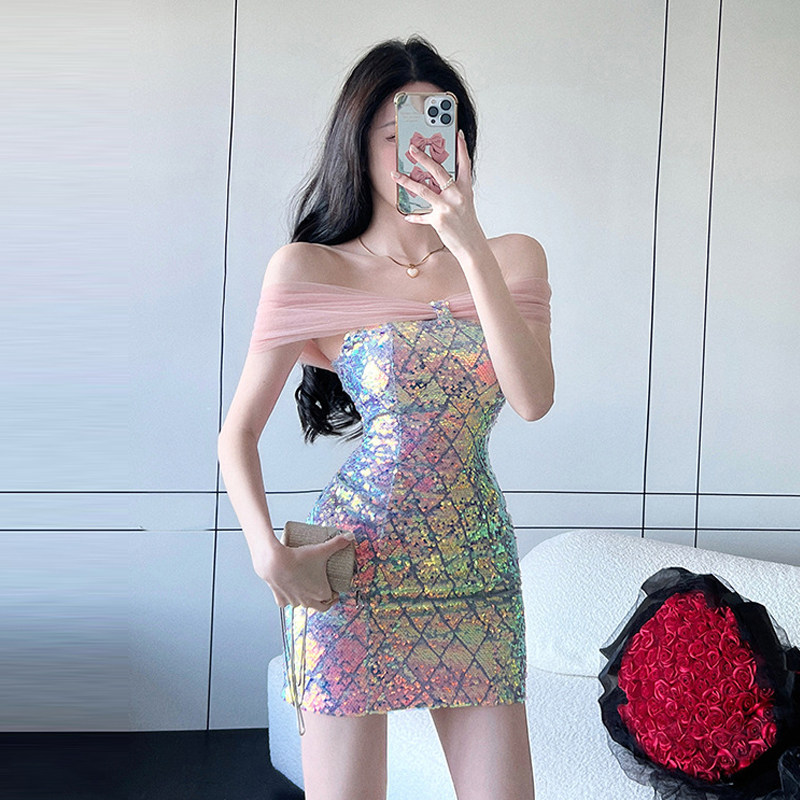 一字领网纱拼接露肩修身包臀连衣裙亮片生日晚宴聚会演出礼服短裙