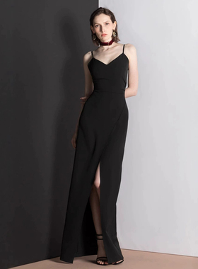 赫本风黑色性感露背吊带连衣裙女气质修身显瘦包臀开叉晚礼服长裙