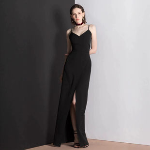 赫本风黑色性感露背吊带连衣裙女气质修身显瘦包臀开叉晚礼服长裙