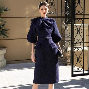 小众设计立体装饰蝴蝶结淑女个性宝蓝色洋气粗花呢修身显瘦连衣裙