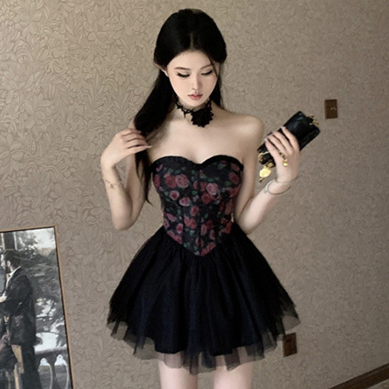夜店性感辣妹抹胸碎花连衣裙网纱拼接蓬蓬裙收腰显瘦小礼服短裙女