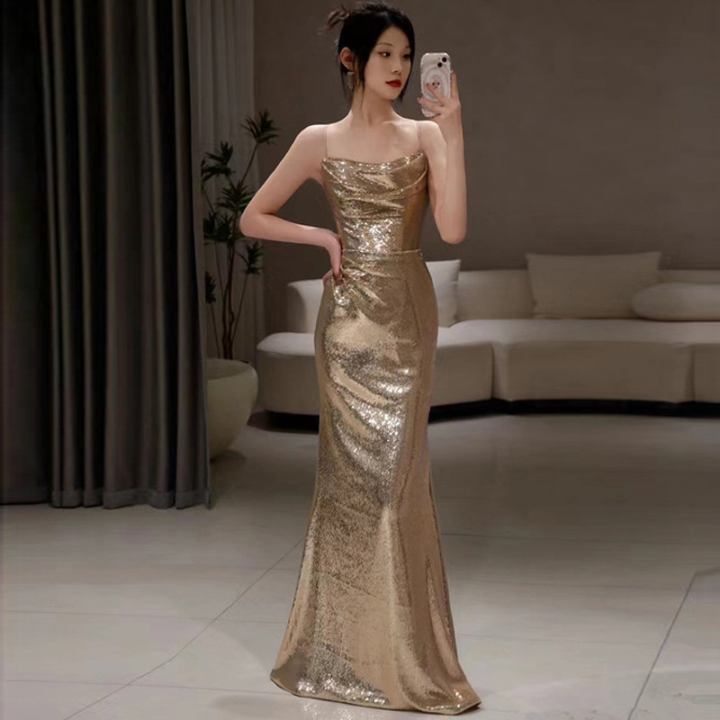 名媛晚礼服吊带连衣裙亮片高定鱼尾裙轻奢端庄大气主持人礼服长裙